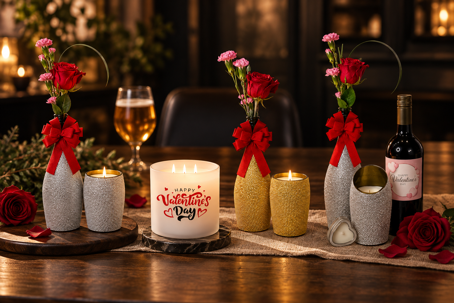 Valentine candles, rose arrangements and a wine bottle styled on a dark table with red ribbon and scattered petals