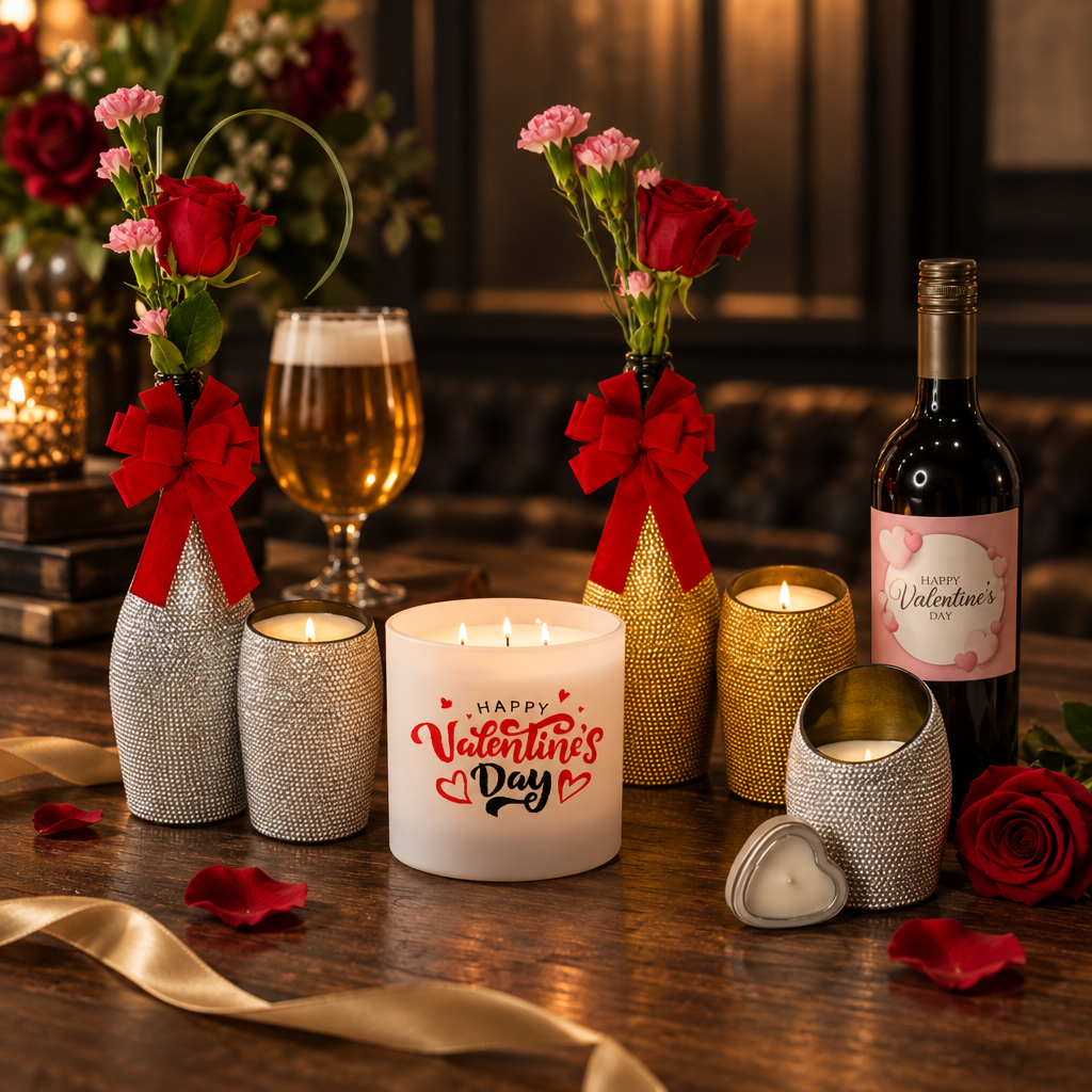 Valentine candles, rose arrangements and a wine bottle styled on a dark table with red ribbon and scattered petals
