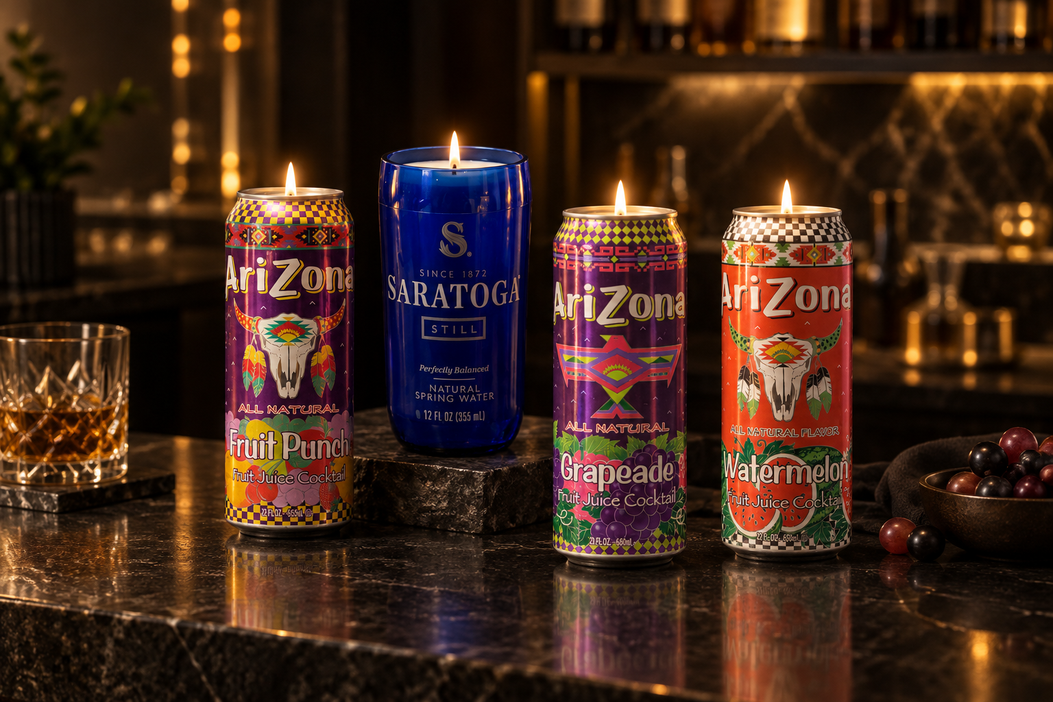 Colorful beverage-can candles and a tall blue bottle candle glowing on a dark bar