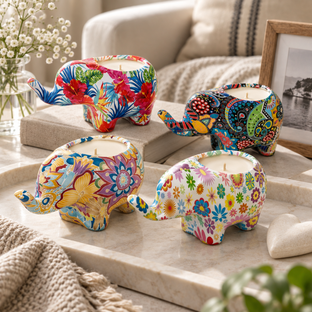 Colorful patterned ceramic animal candles arranged on pale stone with flowers, soft linens and framed art