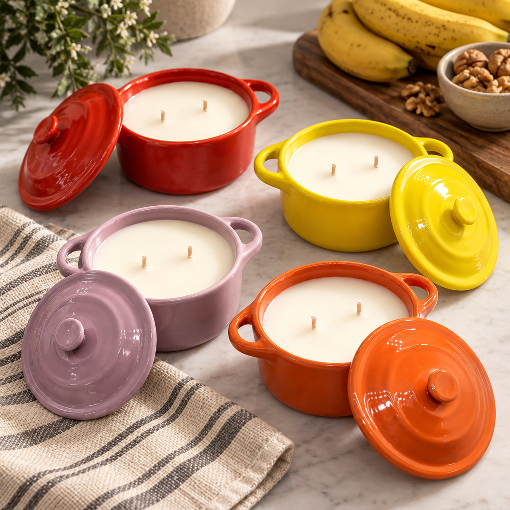 Red, yellow, pink and orange miniature Dutch-oven candles with matching lids on a striped cloth