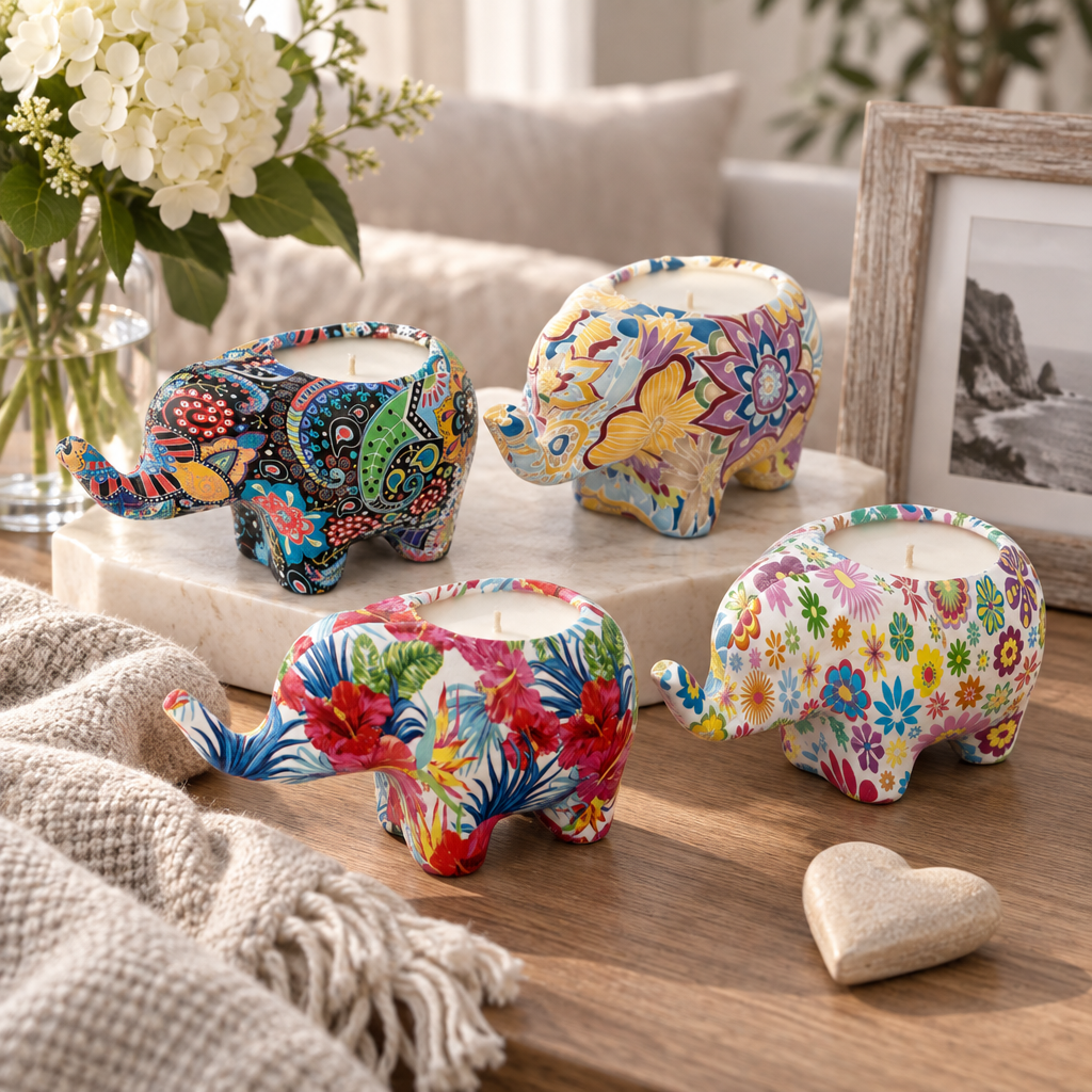 Colorful floral-patterned ceramic elephant candles arranged on pale stone with flowers and soft linens