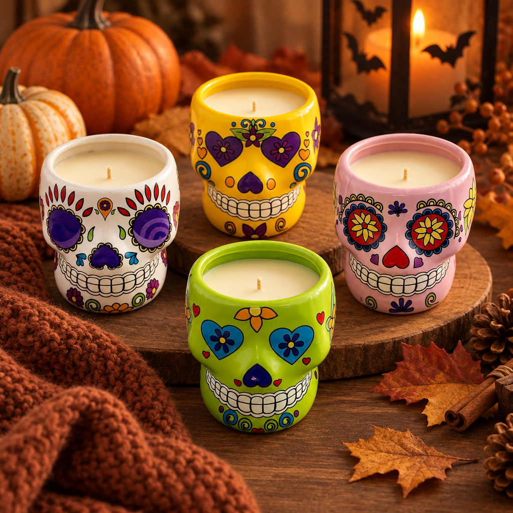 Painted ceramic sugar-skull candles in yellow, white, green and pink arranged with pumpkins and fall leaves