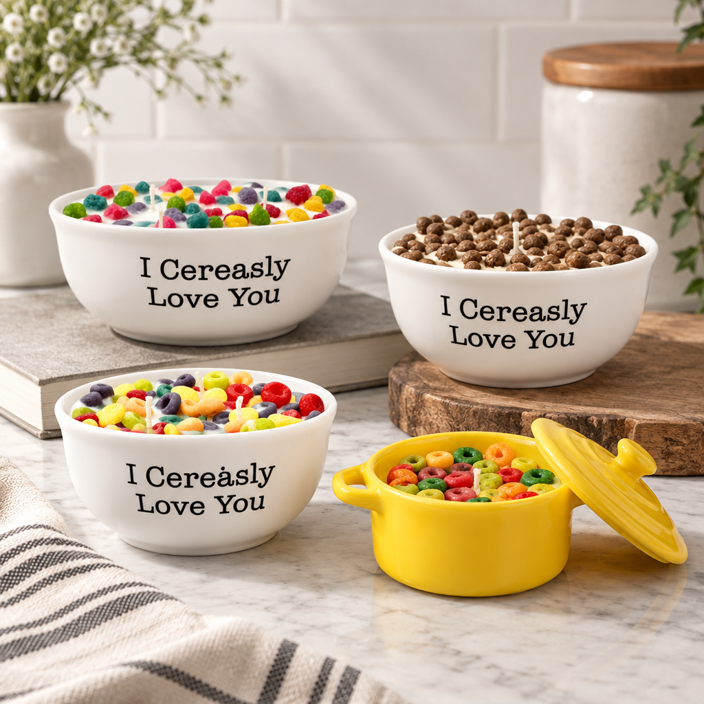 Cereal bowl candles topped with colorful pieces and spoons on a bright breakfast table
