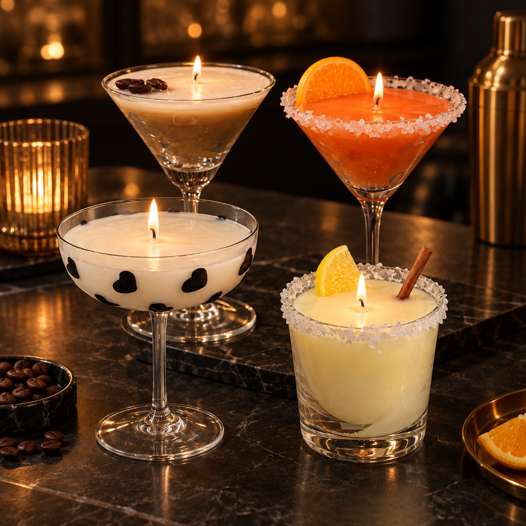 Martini, coupe and rocks-glass cocktail candles arranged with citrus garnishes on a dark bar