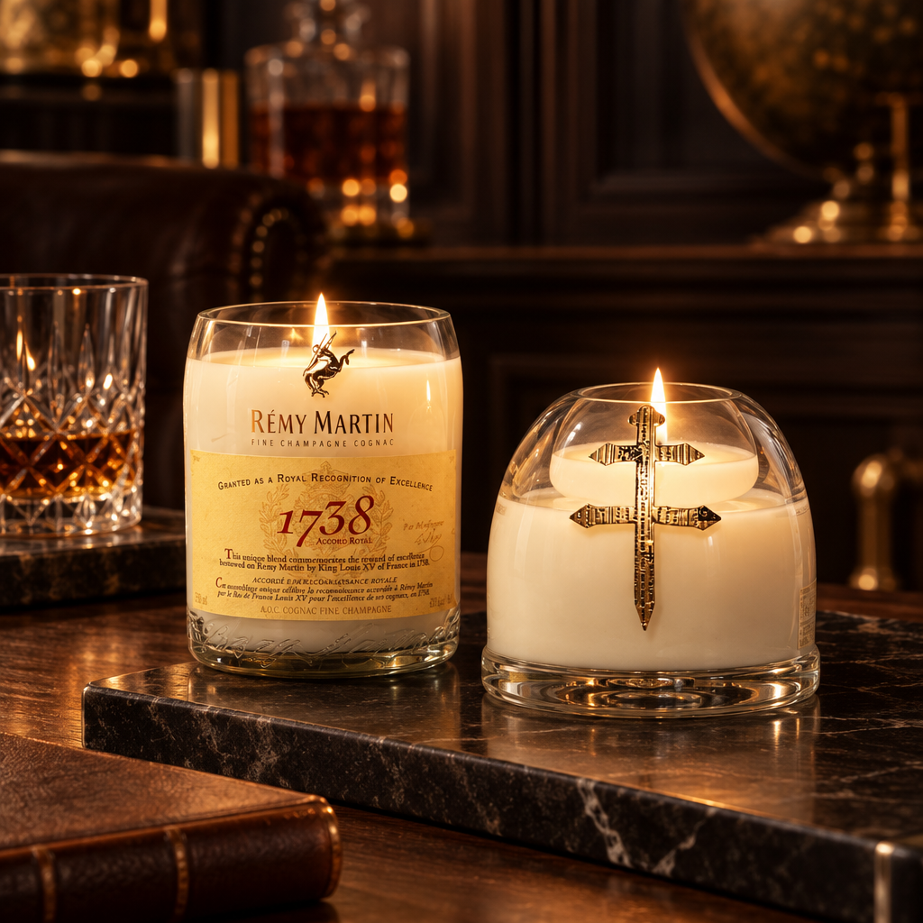Rémy Martin bottle and rounded glass candles glowing on a dark marble bar beside a book