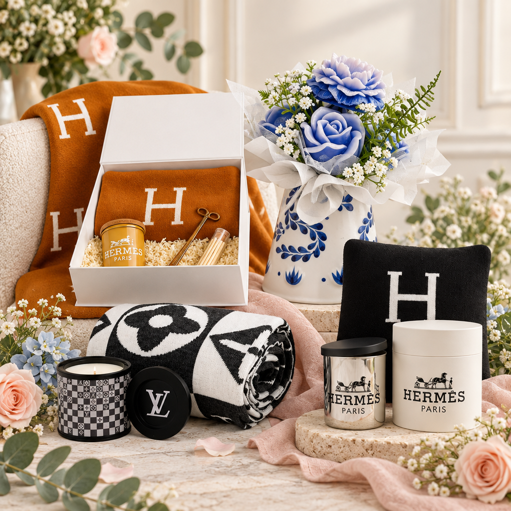Designer-inspired candle gift sets and patterned vessels arranged with flowers, fabric and presentation boxes