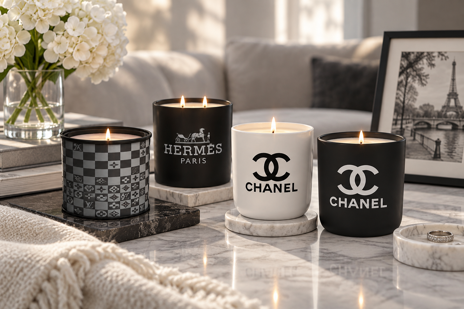 Black, white and patterned designer-inspired jar candles arranged on marble beside soft furnishings