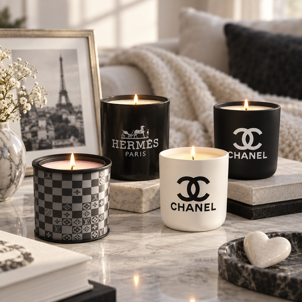 Black, white and patterned designer-inspired jar candles arranged on marble beside soft furnishings