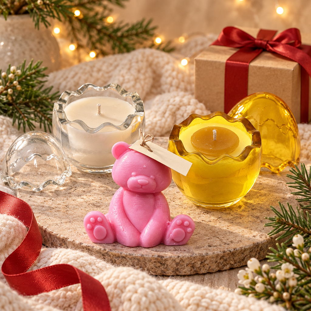 Pastel bunny and chick candles in cracked-shell vessels nestled among ribbon, evergreen and a wrapped gift
