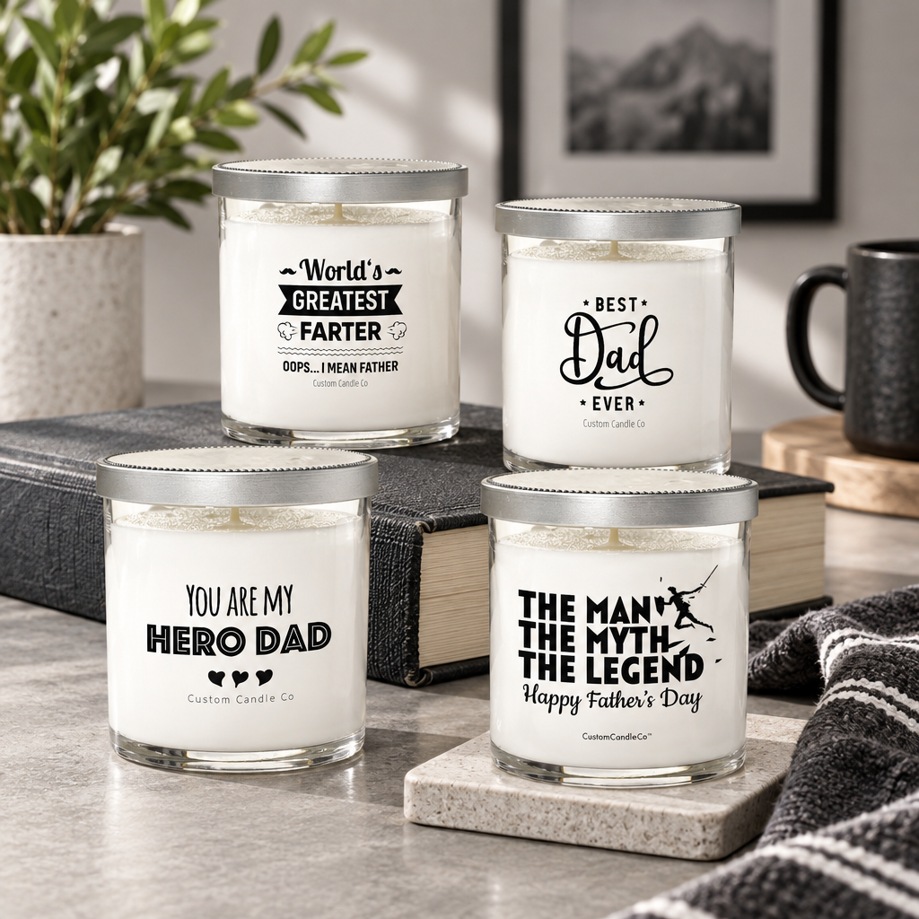 Father's Day message candles in clear and white jars arranged with a mug, books and a framed photograph