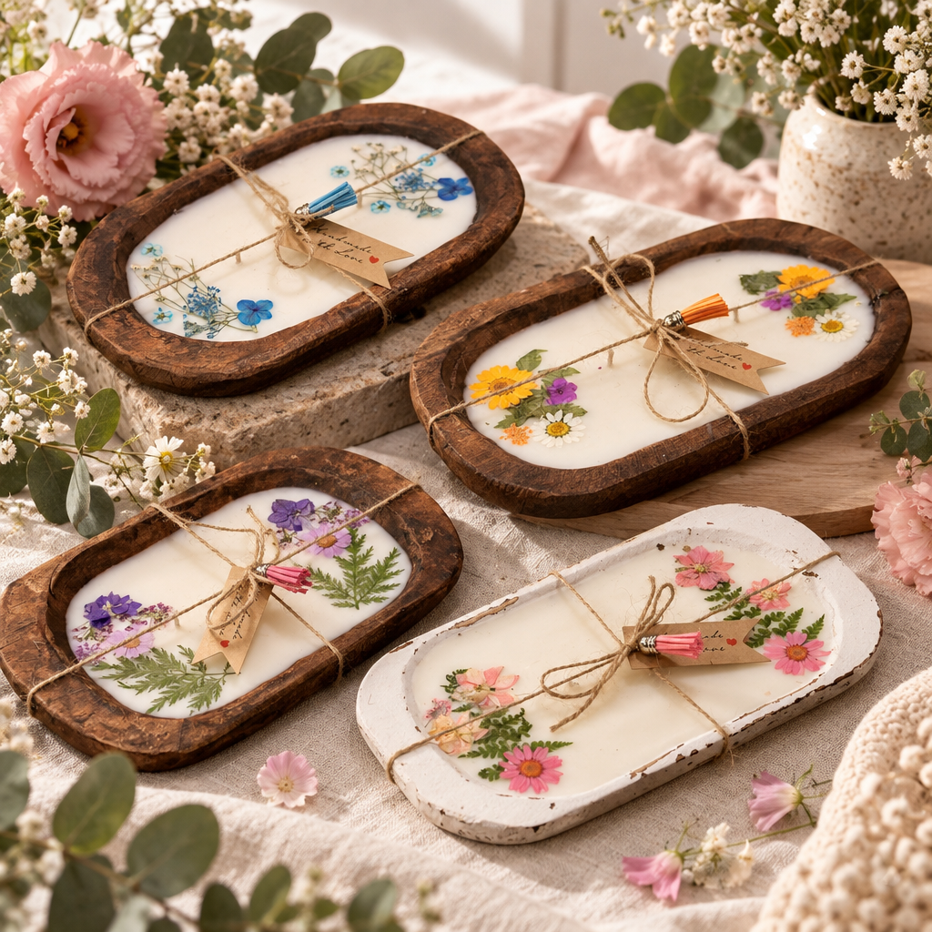 Pressed-flower wood-tray candles arranged with bark slices, blossoms and airy floral stems