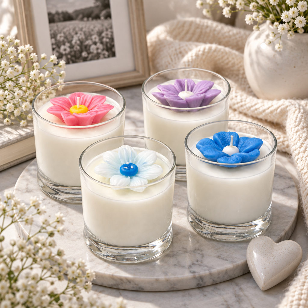 White glass candles topped with pink, purple and blue wax blossoms on pale marble