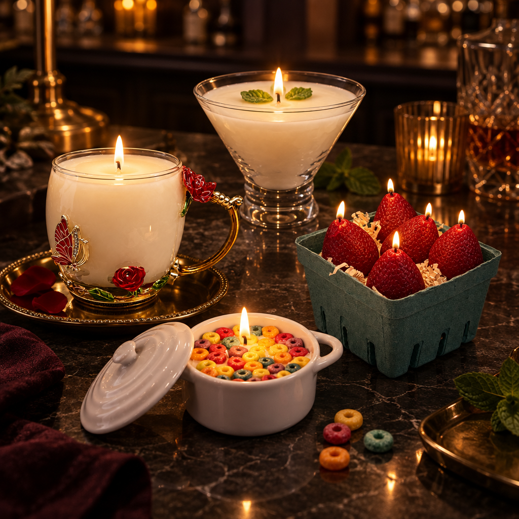 Cocktail, dessert and cereal-inspired candles arranged across a dark table with glassware and fruit details