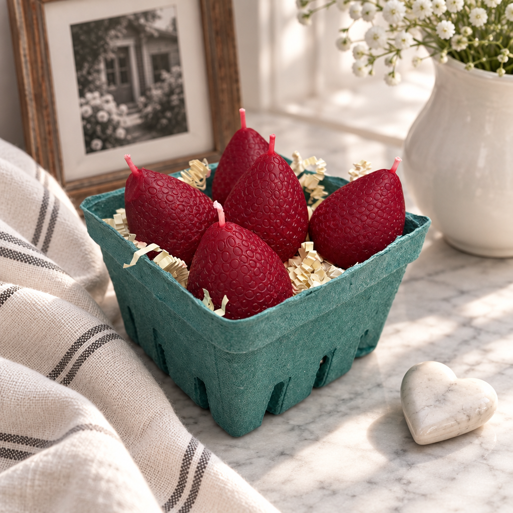 Red strawberry-shaped candles presented in a berry carton on a bright table with fruit and flowers