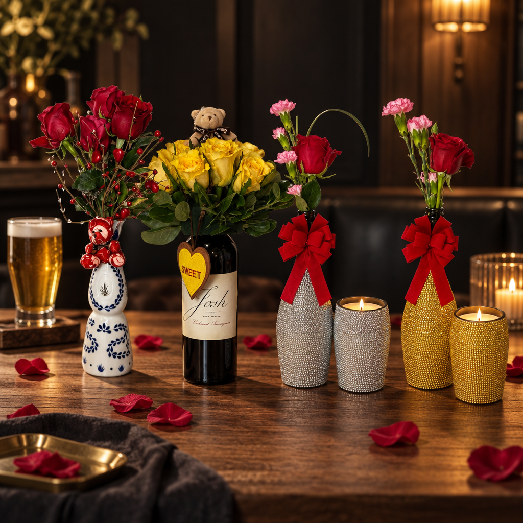 Bottle candles and rose arrangements presented with red bows on a dark table scattered with petals