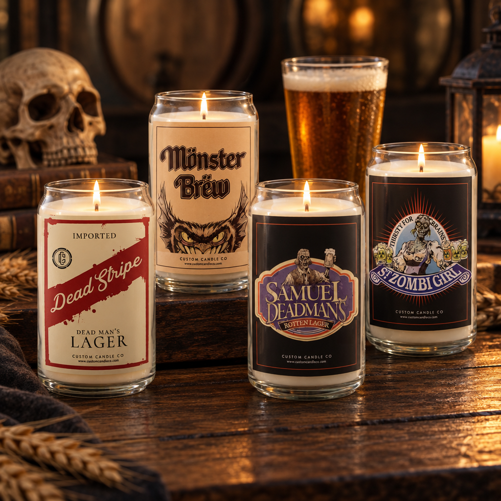 Beer-can and bottle candles with monster-themed labels arranged beside a skull and glowing lantern