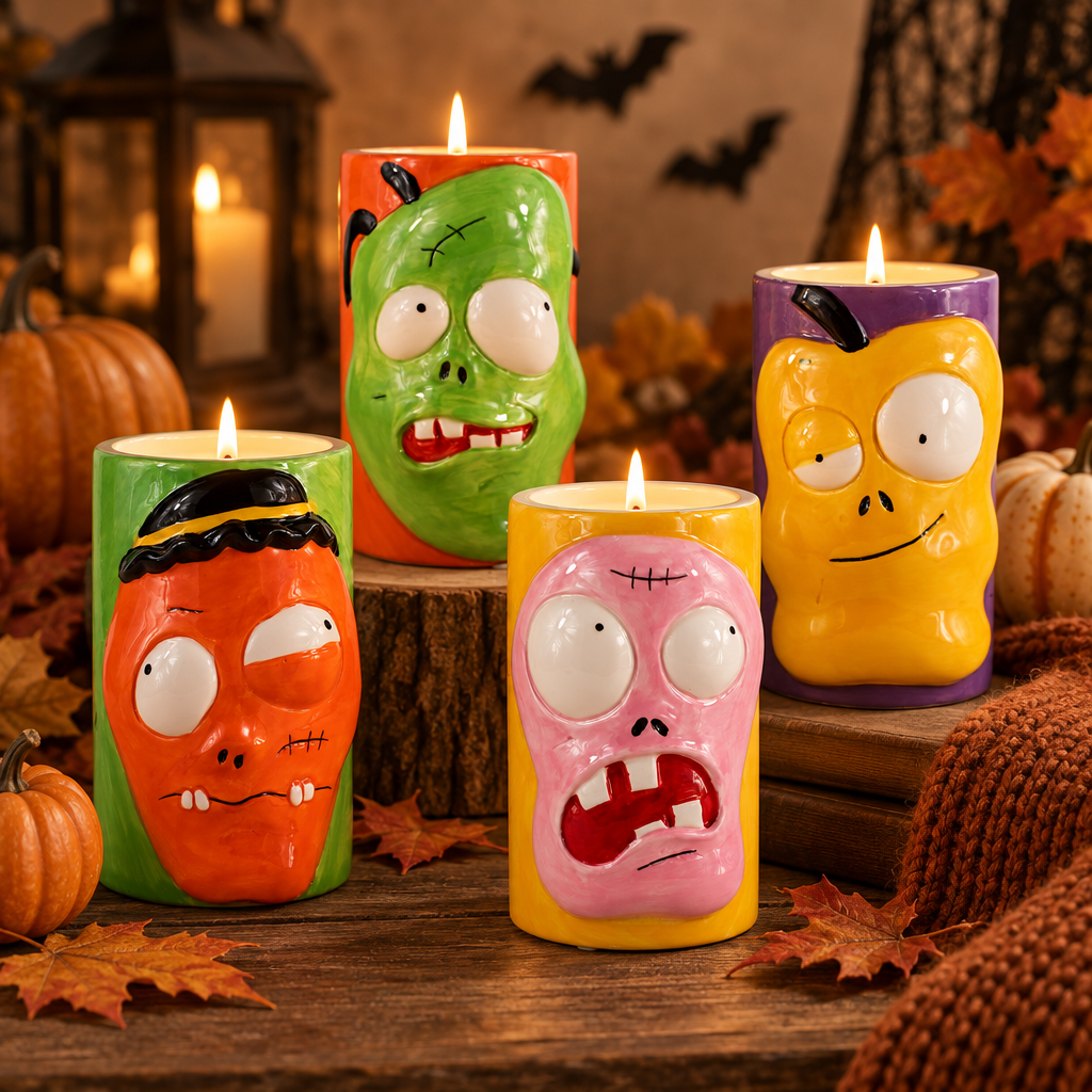Bright orange, green, pink and yellow monster-face candles among pumpkins and autumn leaves