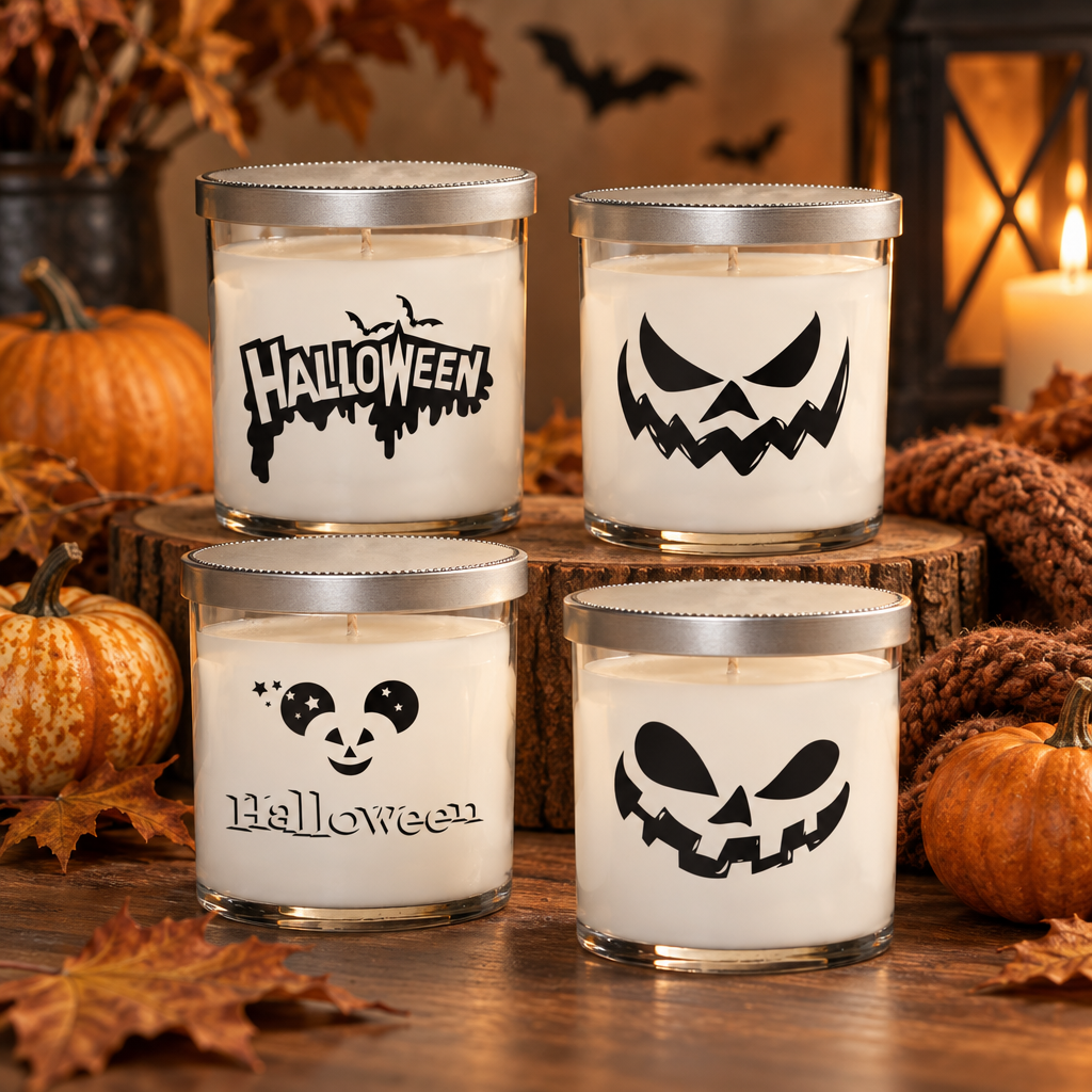 White Halloween tumbler candles with ghost and jack-o-lantern faces among pumpkins, bats and autumn knitwear