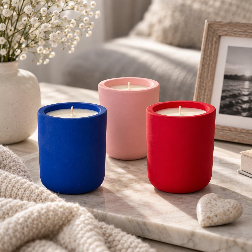 Blue, blush and red intention candles in simple vessels on pale stone beside a framed photograph