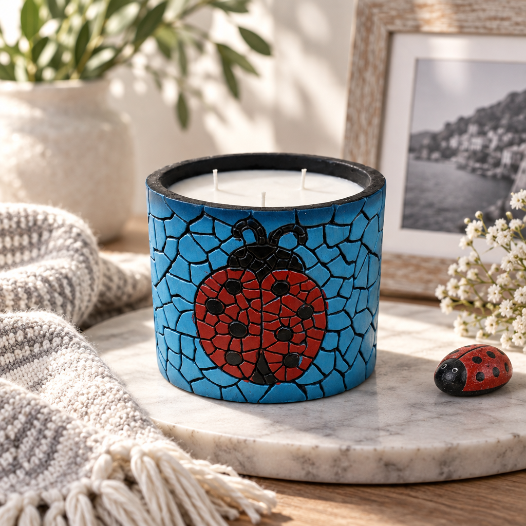 Blue mosaic candle with a red ladybug design beside a tiny ladybug ornament and framed photograph