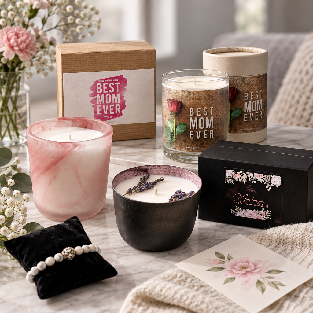 Pink, black and white Mother's Day candles arranged with gift boxes, flowers and a handwritten card