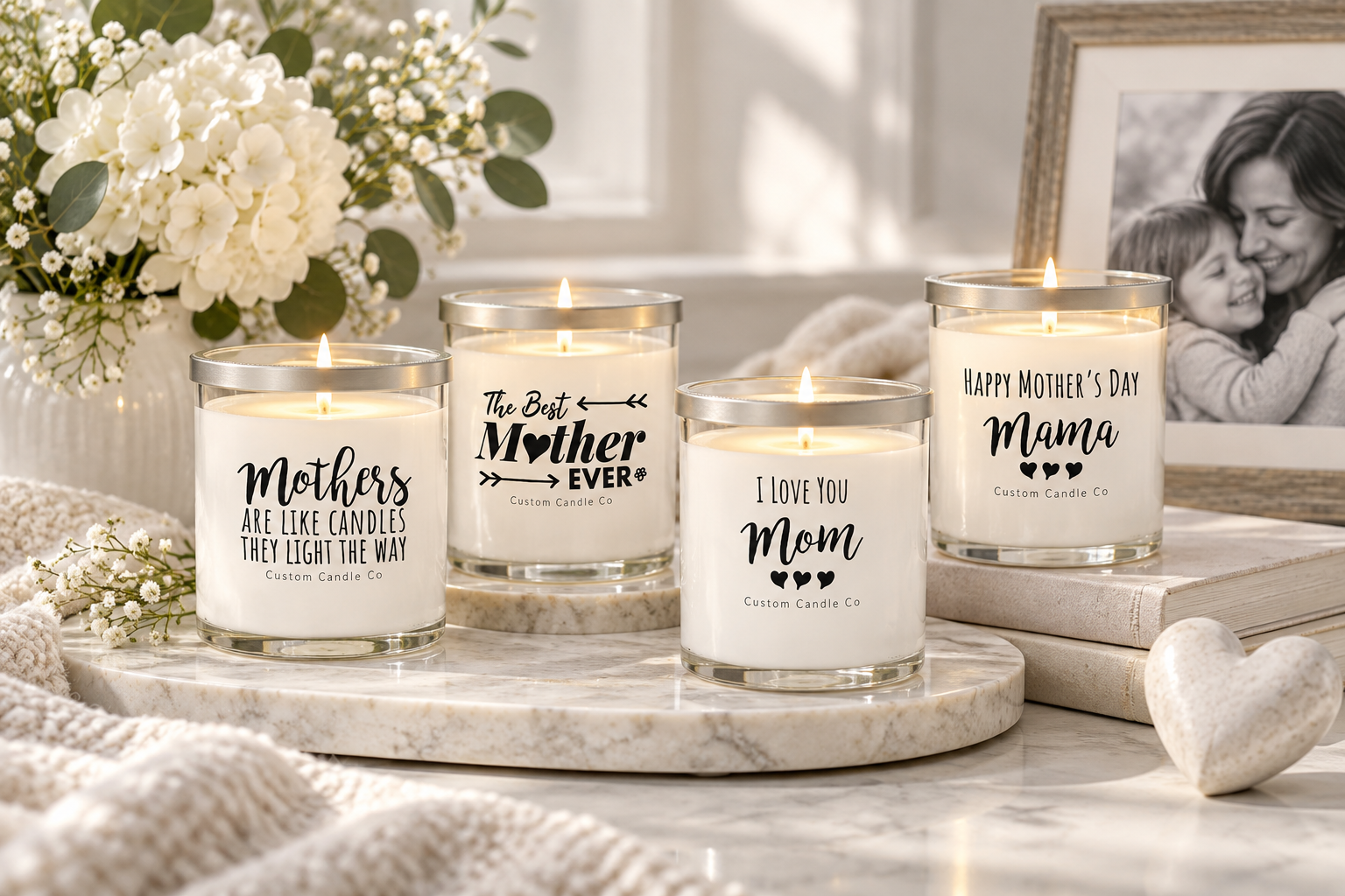 Mother's Day message candles in white glass arranged with flowers, a framed family photograph and soft neutral linens