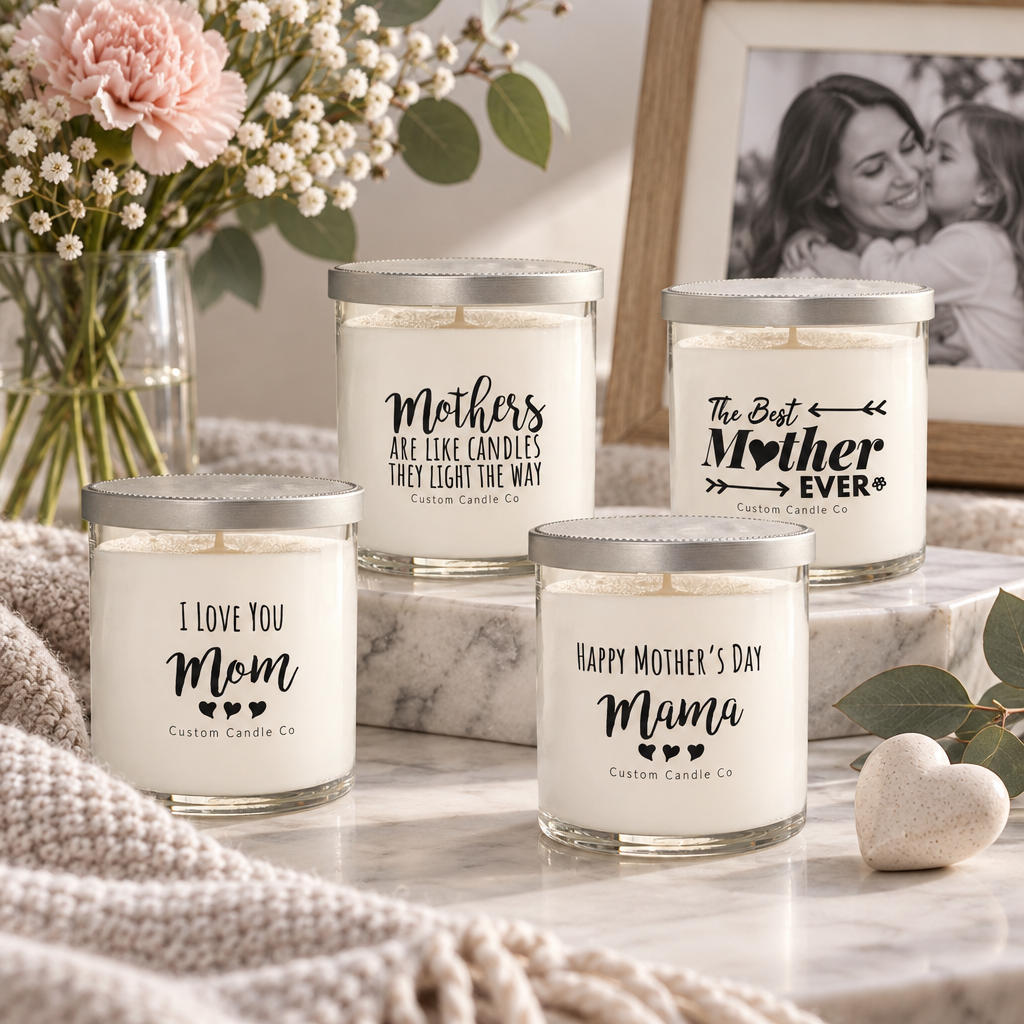 Mother's Day message candles in white glass arranged with flowers, a framed family photograph and soft neutral linens