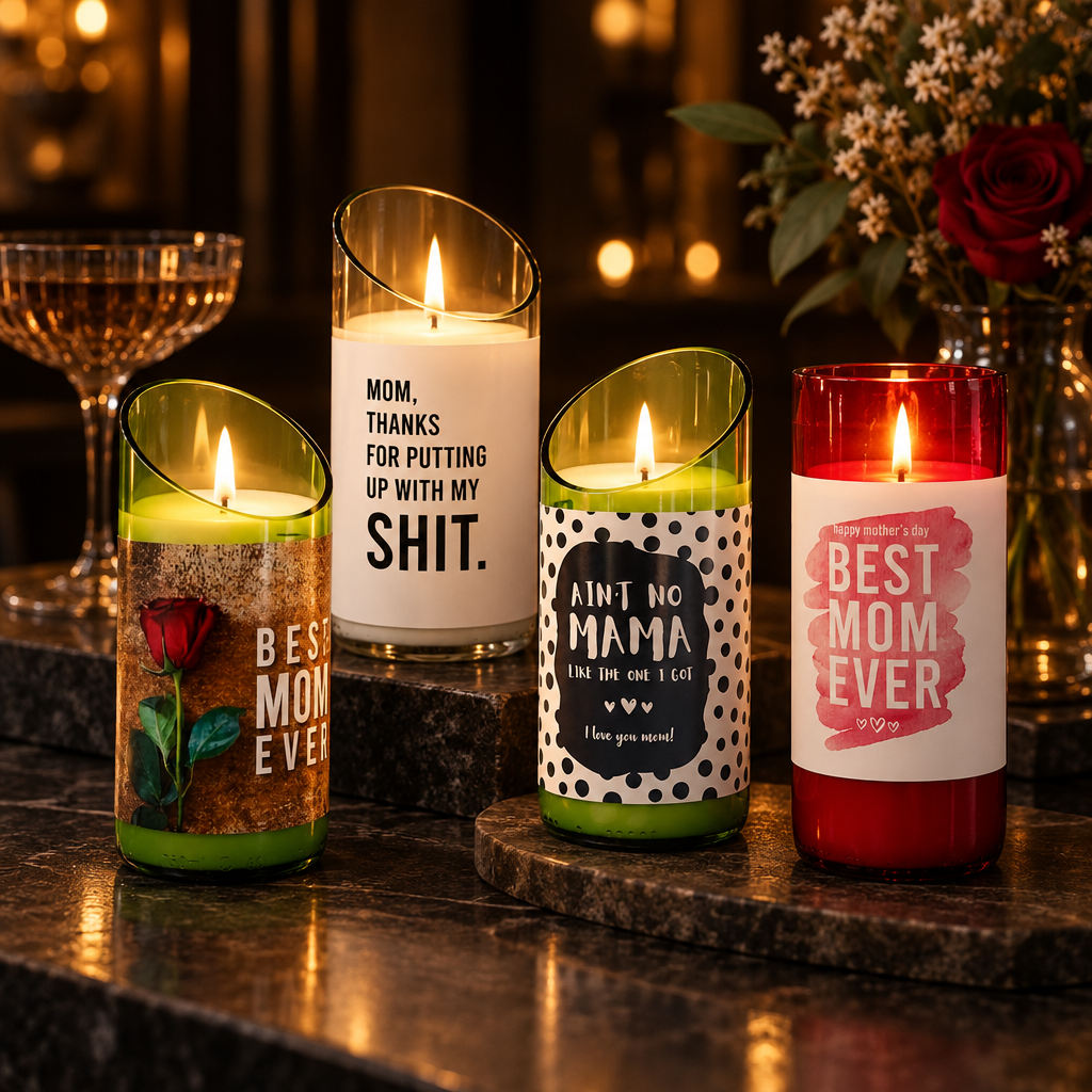 Colorful recycled bottle candles with Mother's Day messages glowing on a dark table beside flowers