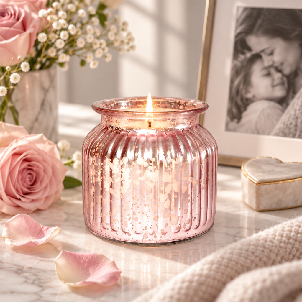 Pink ribbed glass candle glowing beside roses, petals, a gift box and framed family photograph