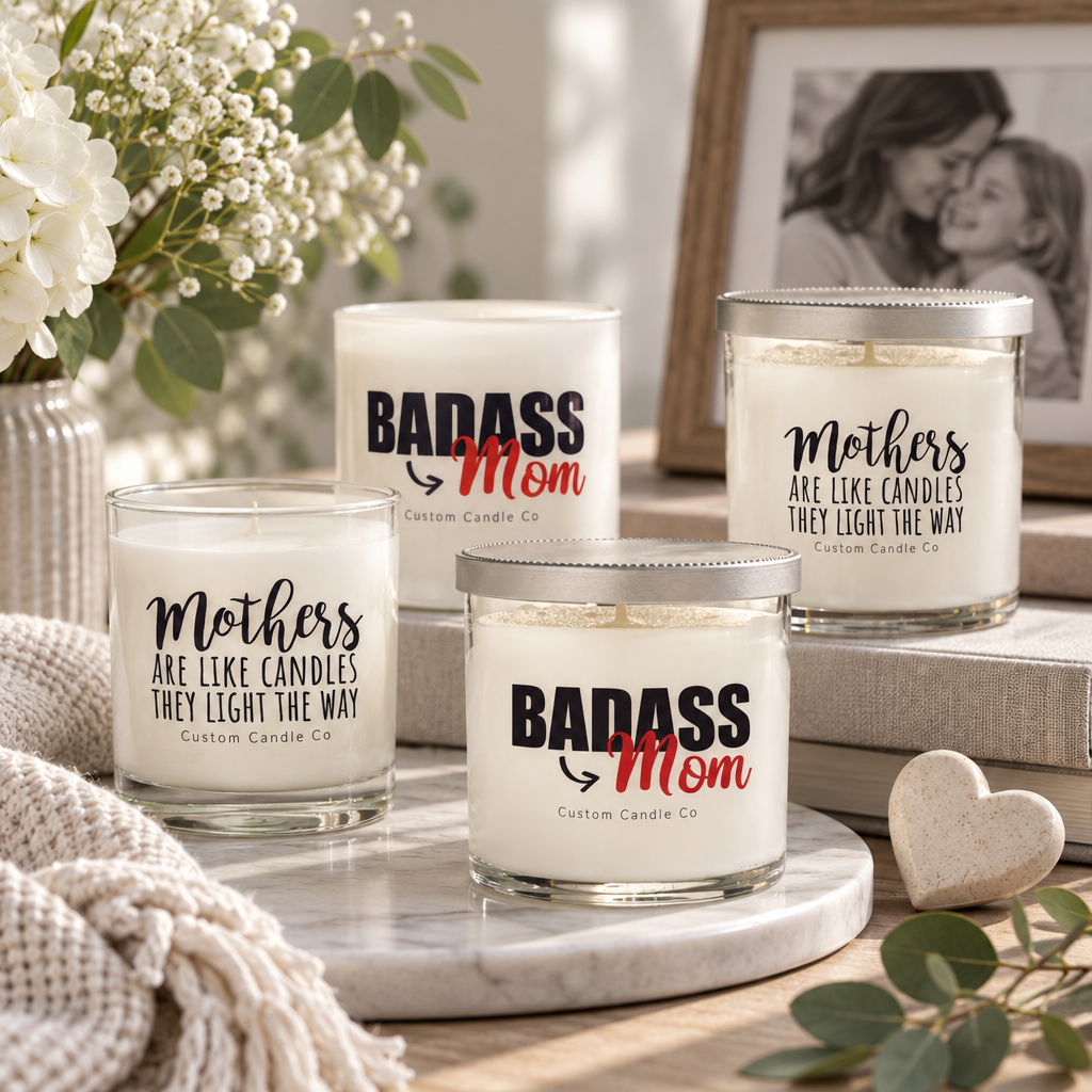 White Mother's Day tumbler candles with bold messages arranged among flowers and a framed family portrait