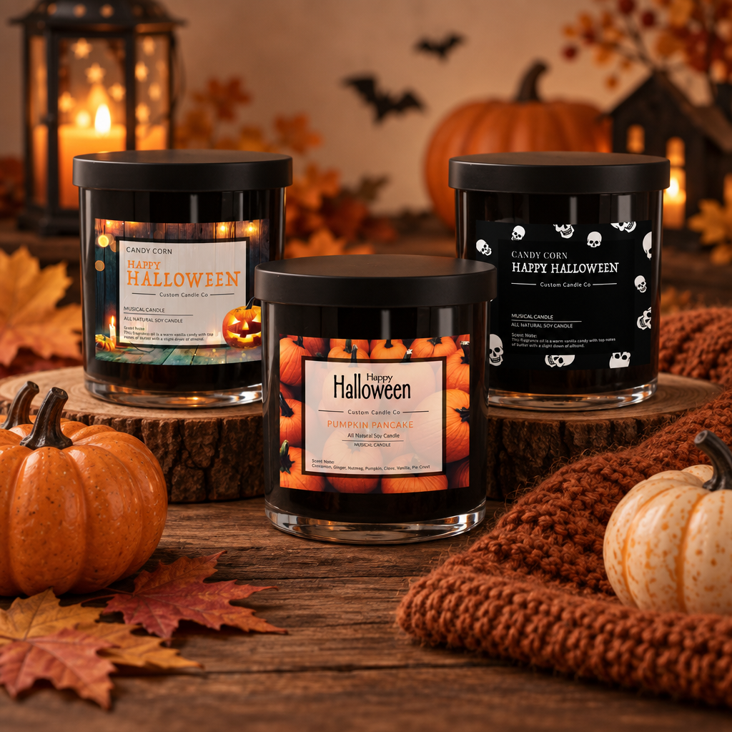 Black musical Halloween candles glowing among pumpkins, bats and rust-colored knit fabric