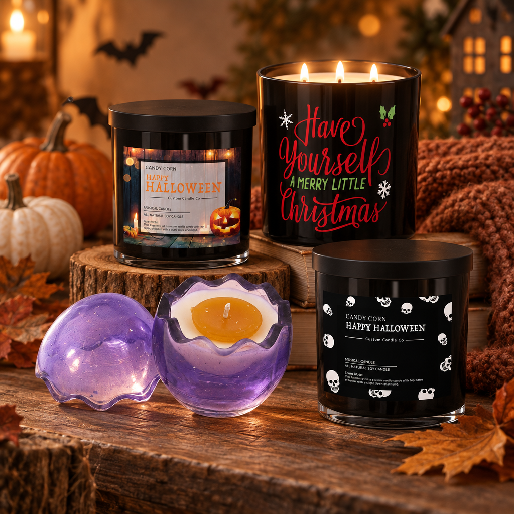 Musical holiday candles in black tins and colorful glass vessels arranged with pumpkins and autumn décor