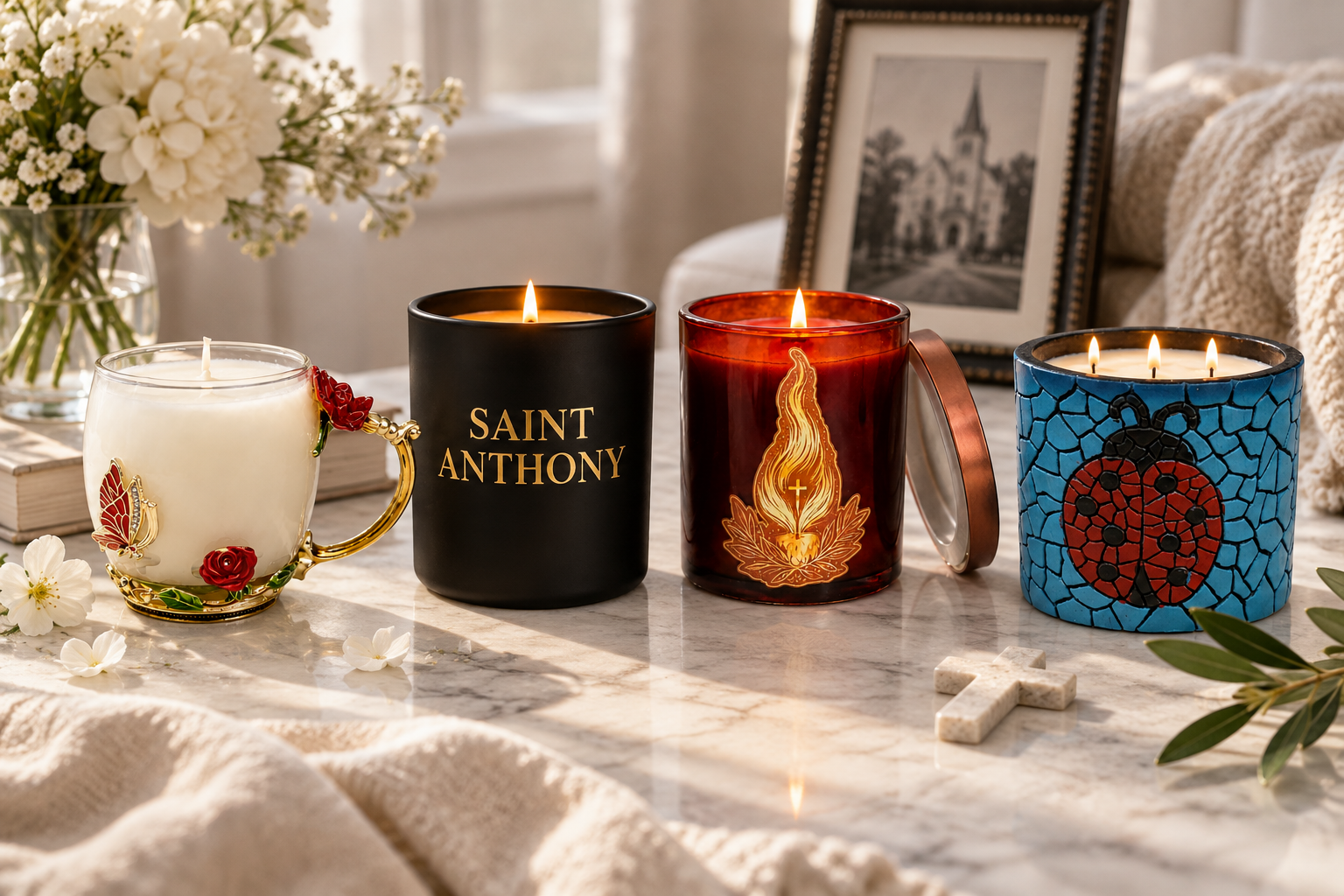 Sacred Heart, Saint Anthony, mosaic and black signature candles arranged on pale marble with framed photographs