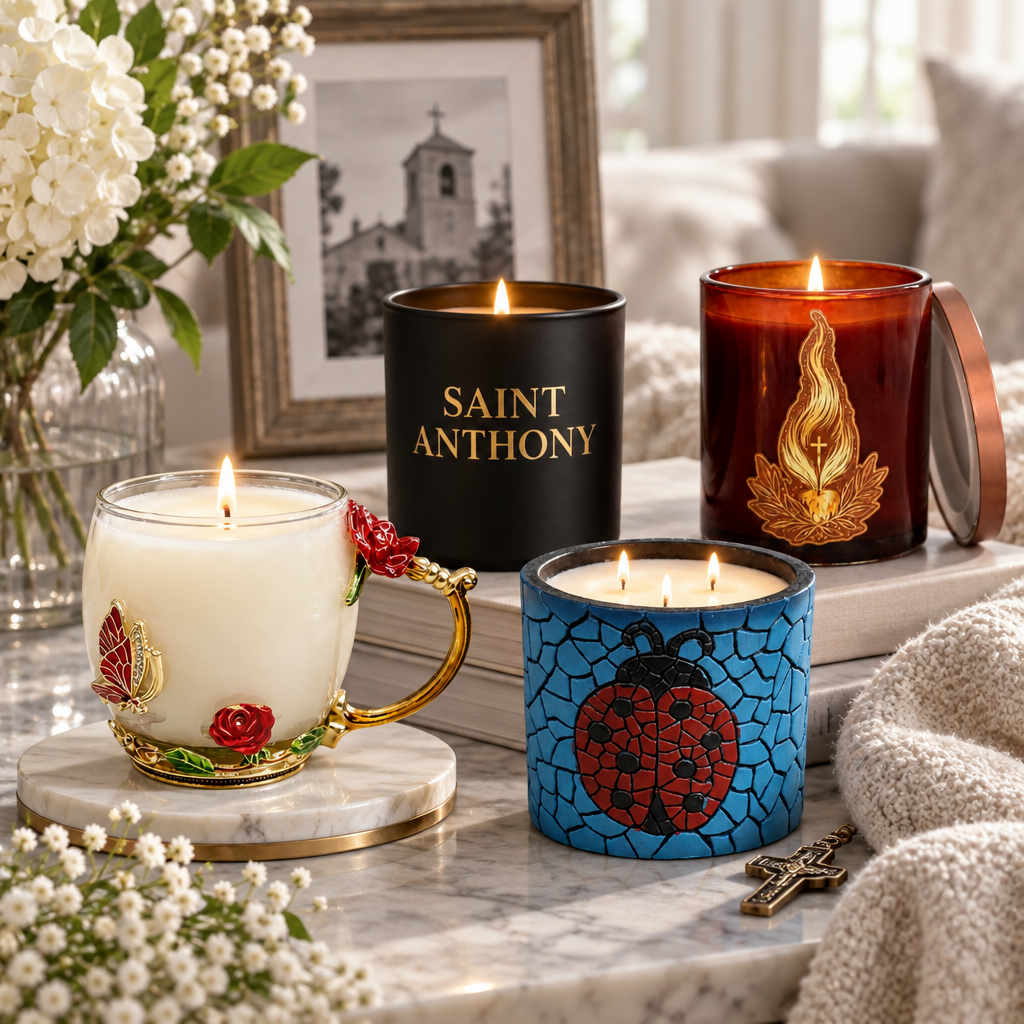 Sacred Heart, Saint Anthony, mosaic and black signature candles arranged on pale marble with framed photographs