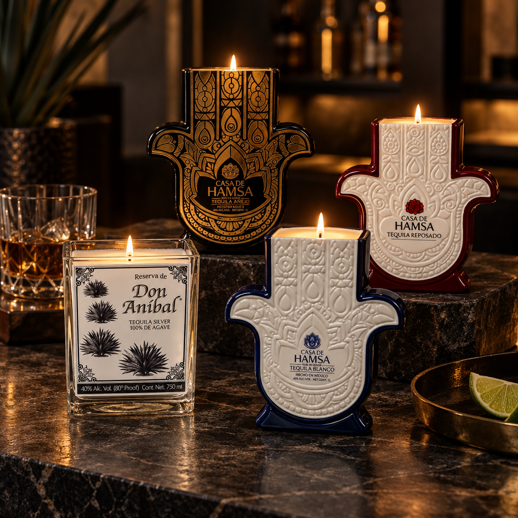 Hamsa-shaped, bottle and devotional candles glowing on a dark bar with cocktail glassware