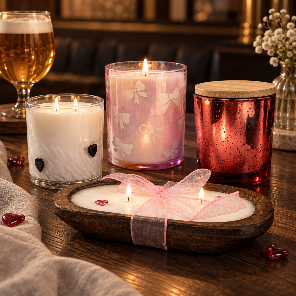 Pink, red and white Valentine's candles arranged on wood with ribbon, petals and softly glowing glassware
