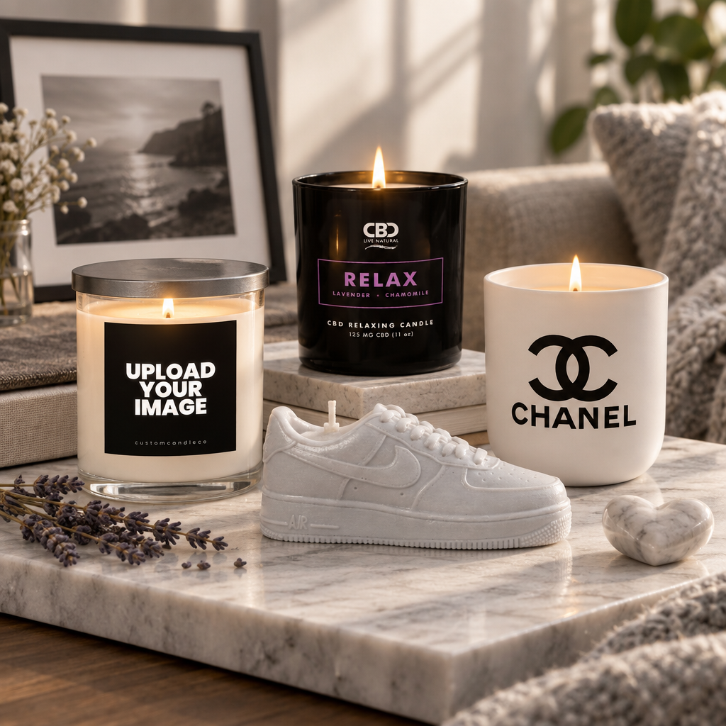 White sneaker candle, black relaxation jar, photo-upload candle and white designer jar arranged on pale marble