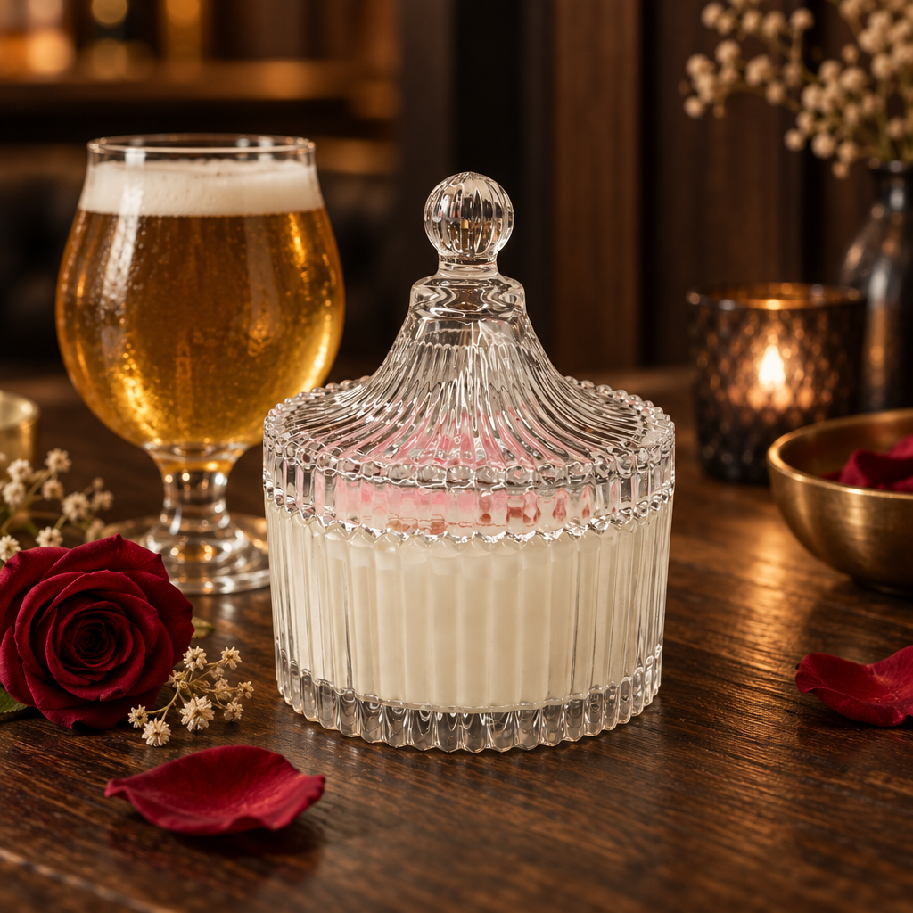 Cut-crystal lidded candle glowing on a dark bar beside a beer glass and scattered rose petals