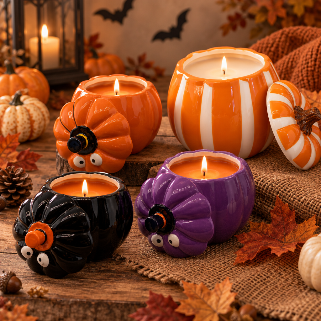 Orange, striped, black and purple pumpkin-shaped candles glowing among autumn leaves and knit fabric