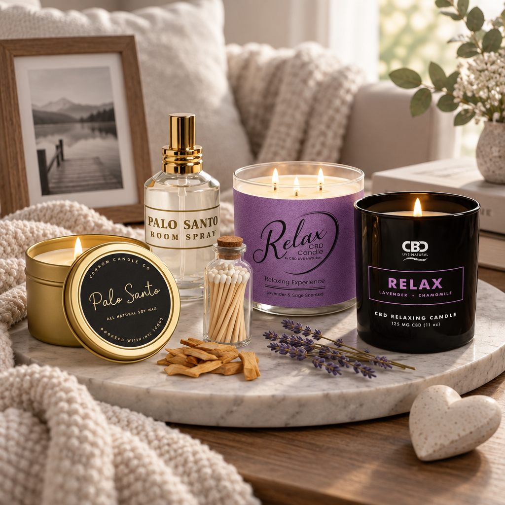 Relaxation candles in purple, black and gold vessels arranged with perfume, botanicals and soft neutral textiles