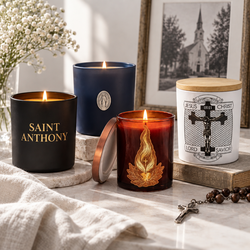 Saint Anthony, Sacred Heart, mosaic and devotional candles grouped on a pale table with rosary beads