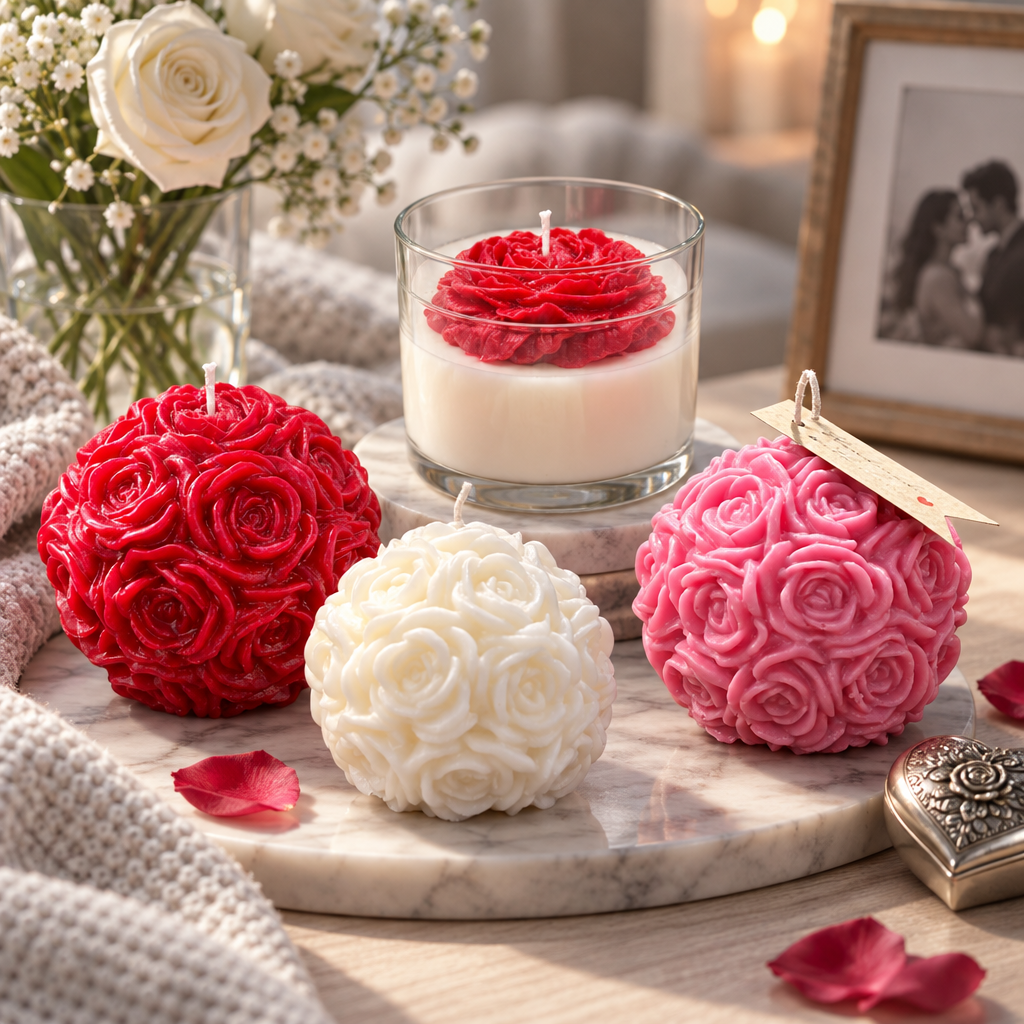 Red, white and pink rose-ball candles surrounding a glass candle topped with a red wax rose