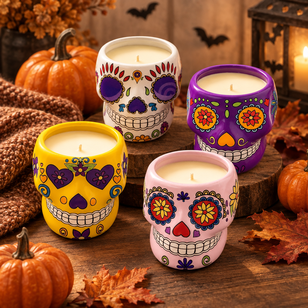 Four colorful sugar-skull candles glowing among pumpkins and autumn leaves