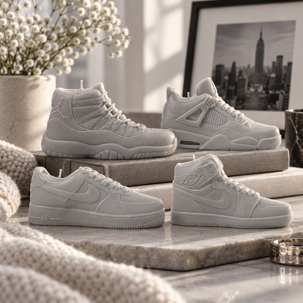 Sneaker Candles candles arranged in an editorial studio scene