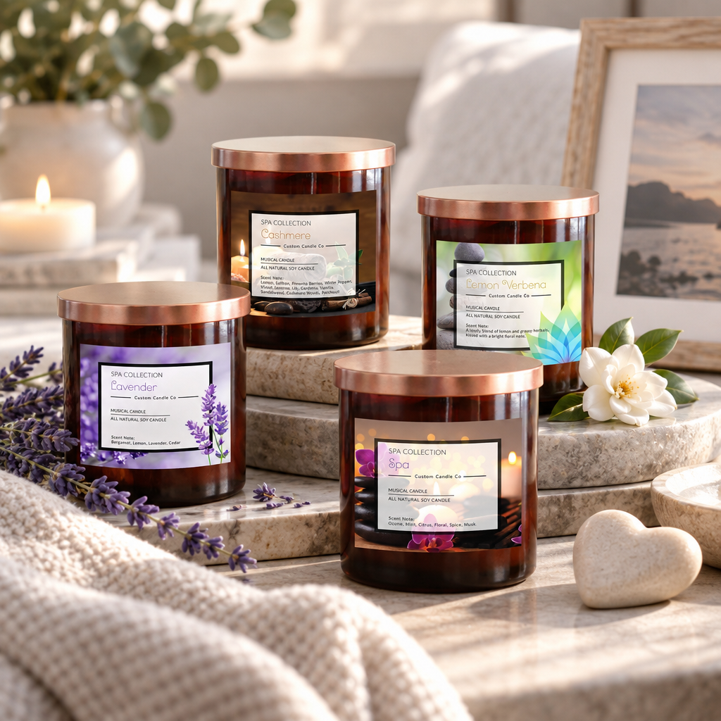 Amber spa candles with botanical labels arranged with lavender, flowers and folded neutral linens