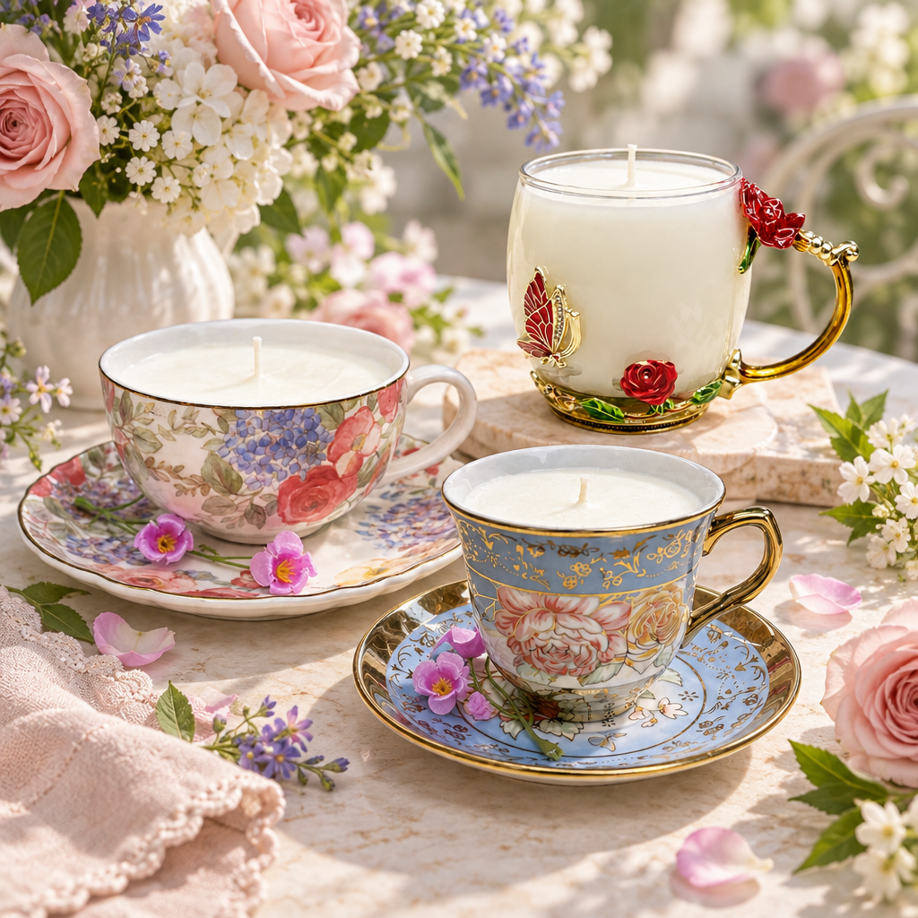 Floral porcelain teacup candles arranged on a sunlit table with blossoms and pastel petals