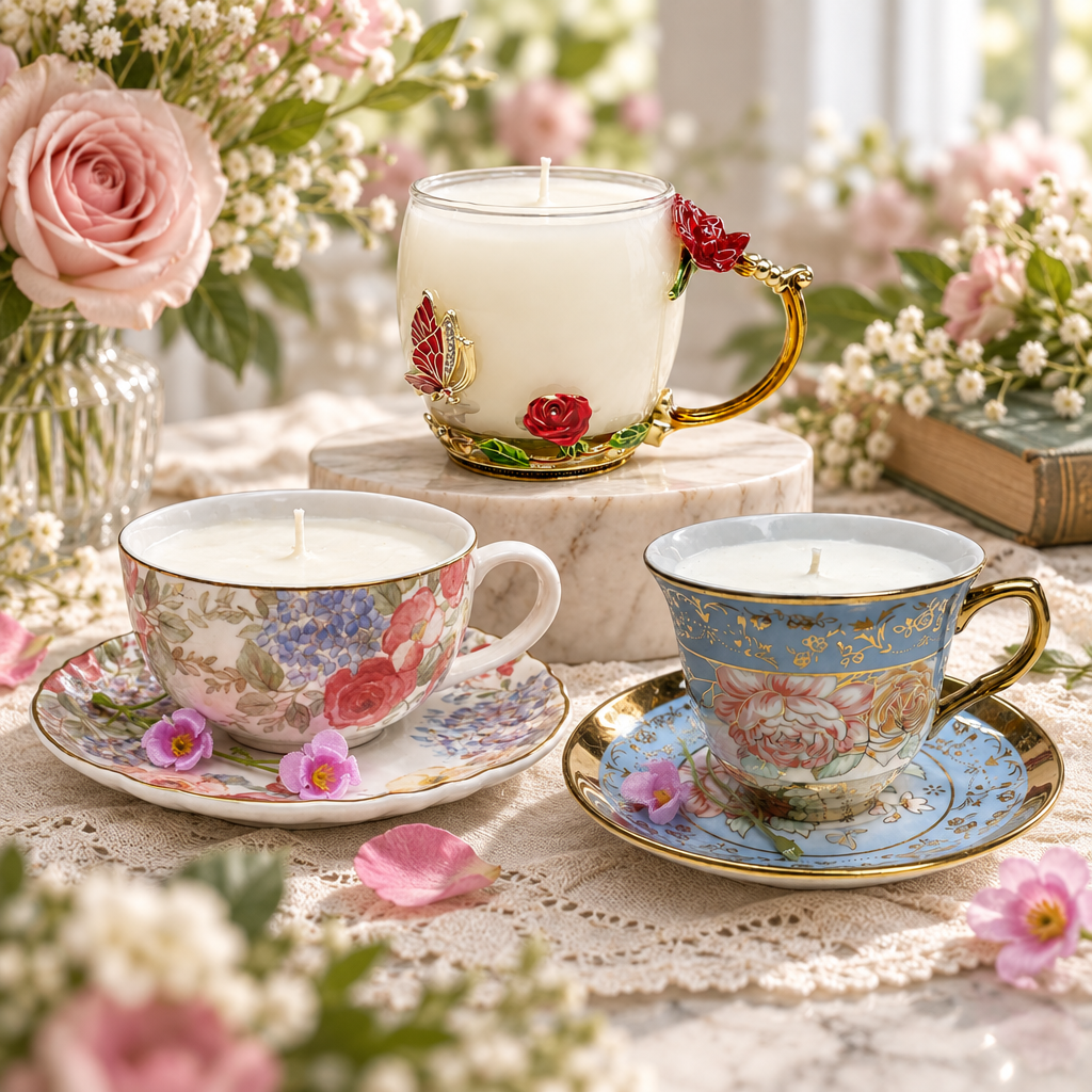 Floral porcelain teacup candles arranged on lace and pale fabric among pink roses
