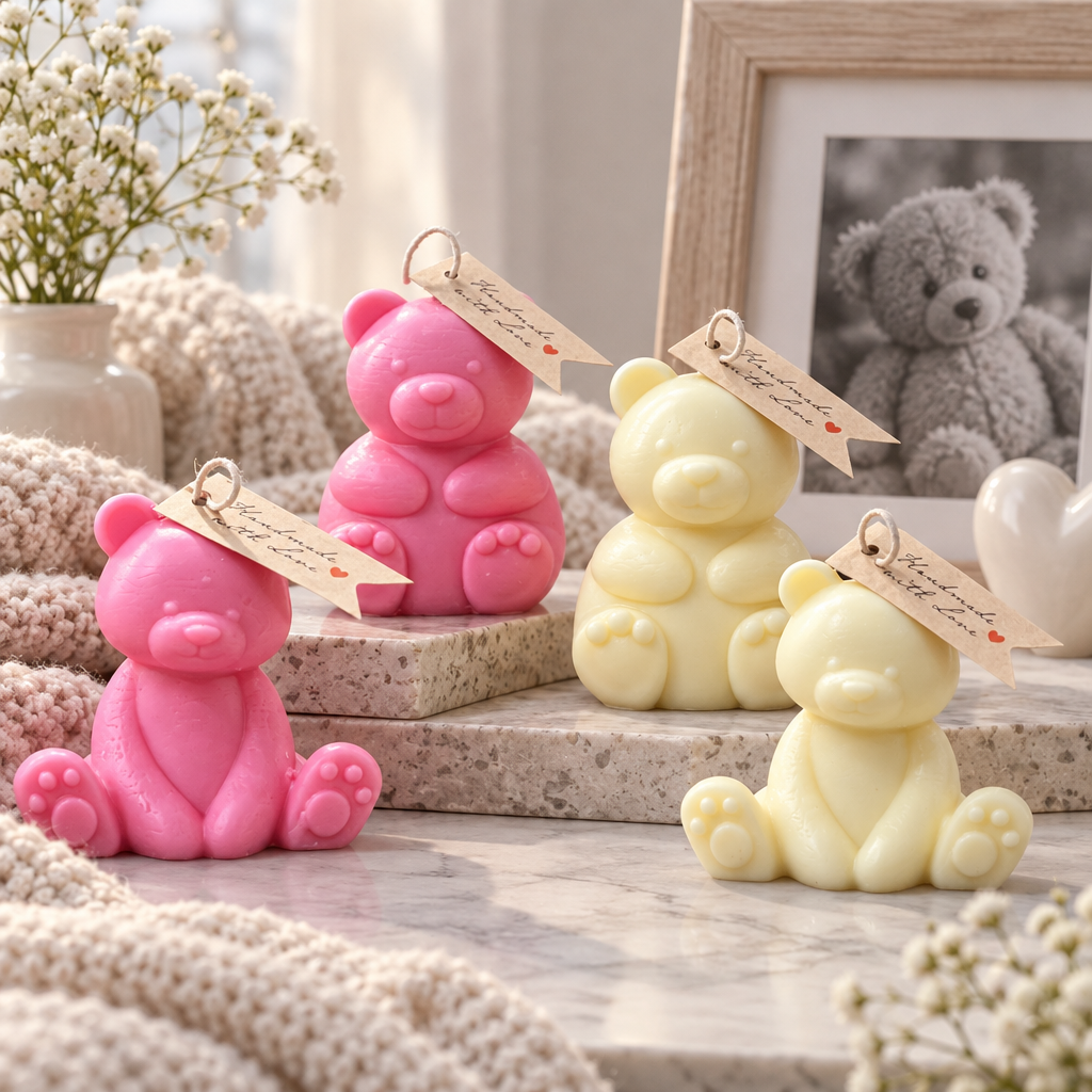 Pink and ivory teddy-bear-shaped candles arranged on pale stone with flowers and a framed photograph