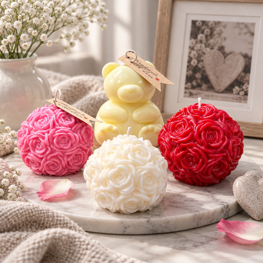 Pink, red and ivory rose-ball candles arranged with flowers, petals and a framed photograph